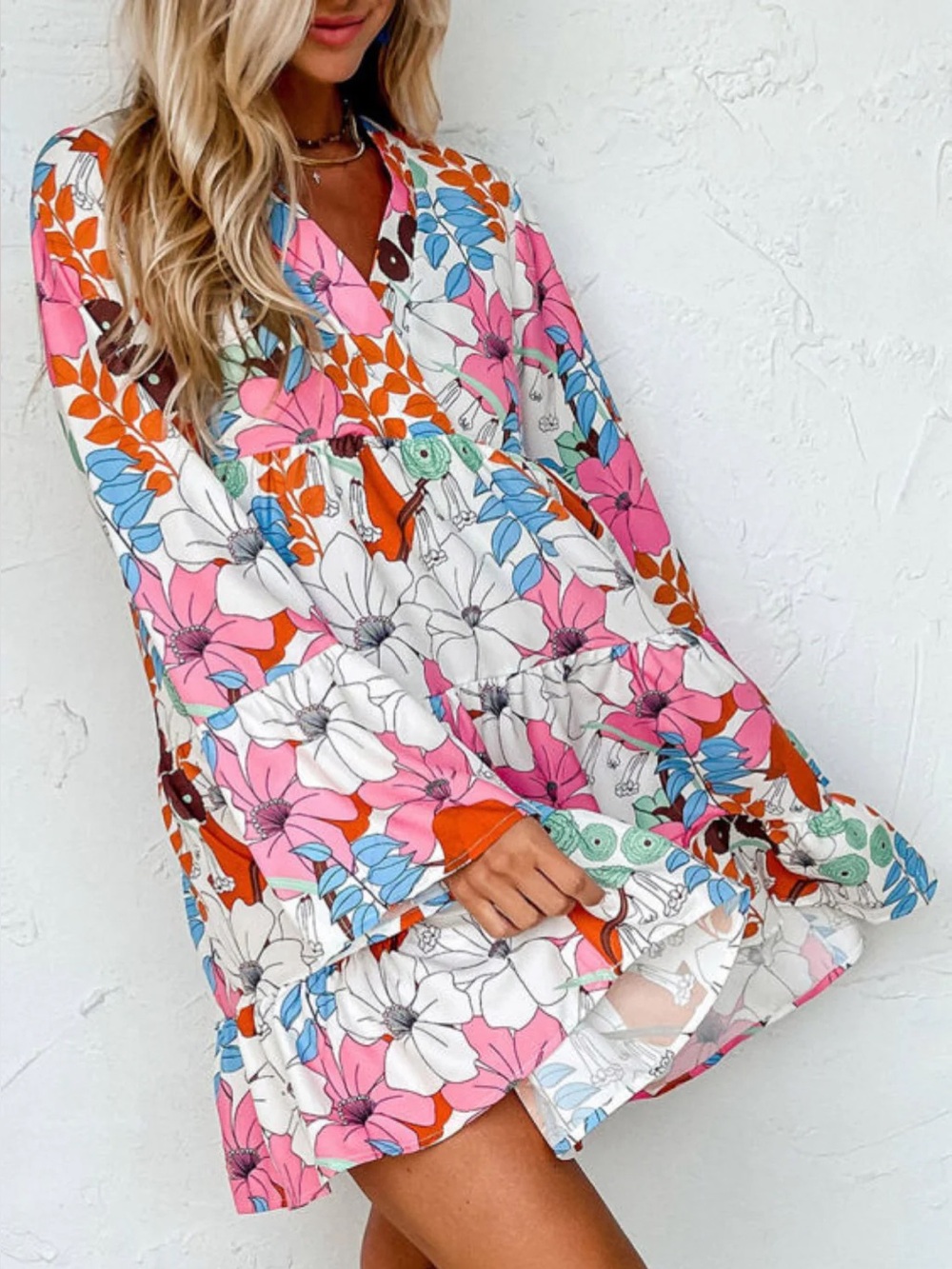 Sunday Up Floral Tiered Surplice V-Neck Baby Doll Dress Sz S  Bell Sleeves Retro